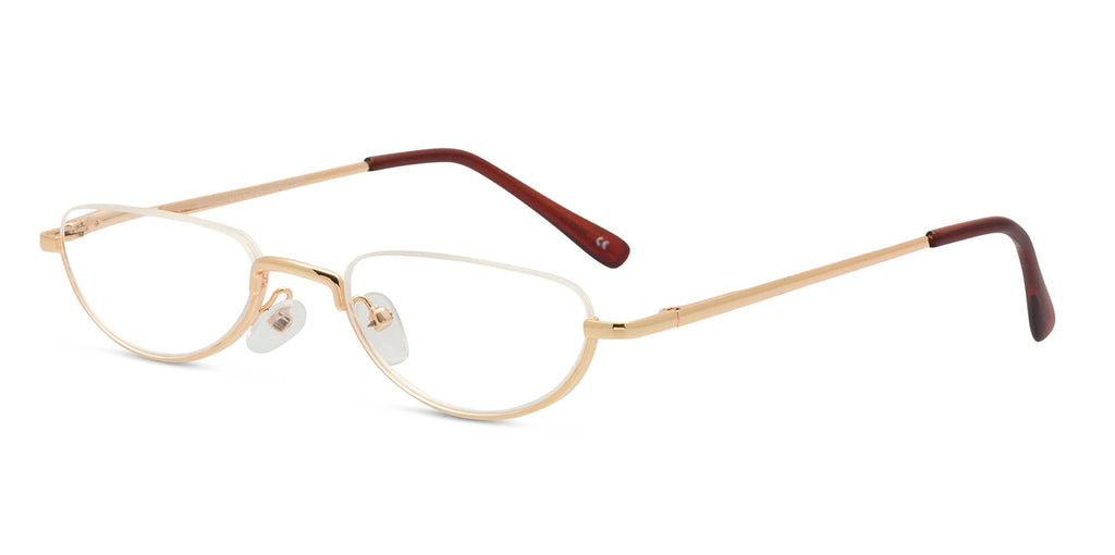 Gold-framed eyeglasses with brown temple tips on a white background