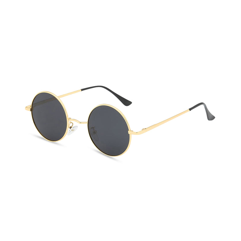 Round sunglasses with gold frame and black lenses on a white background