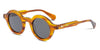 Round sunglasses with tortoiseshell frame and dark lenses on a white background
