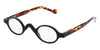 Black eyeglasses with flame-patterned arms on a white background