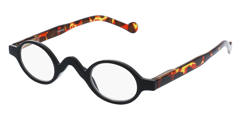 Black eyeglasses with flame-patterned arms on a white background
