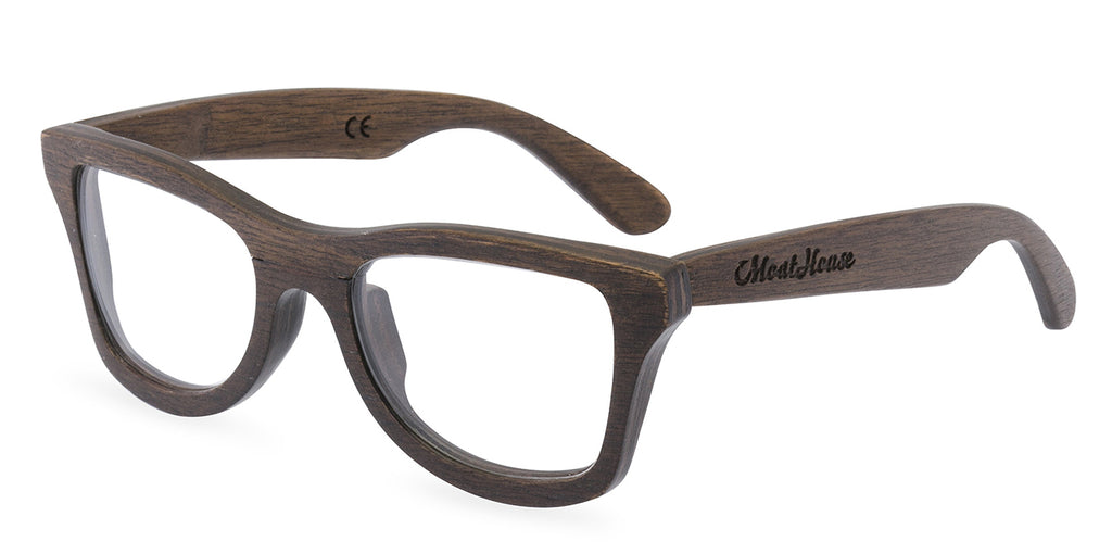 Wooden-framed glasses with 'Meat House' branding on a white background