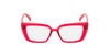 Bright pink translucent acetate cat-eye eyeglasses with clear lenses, shown against a plain white background.