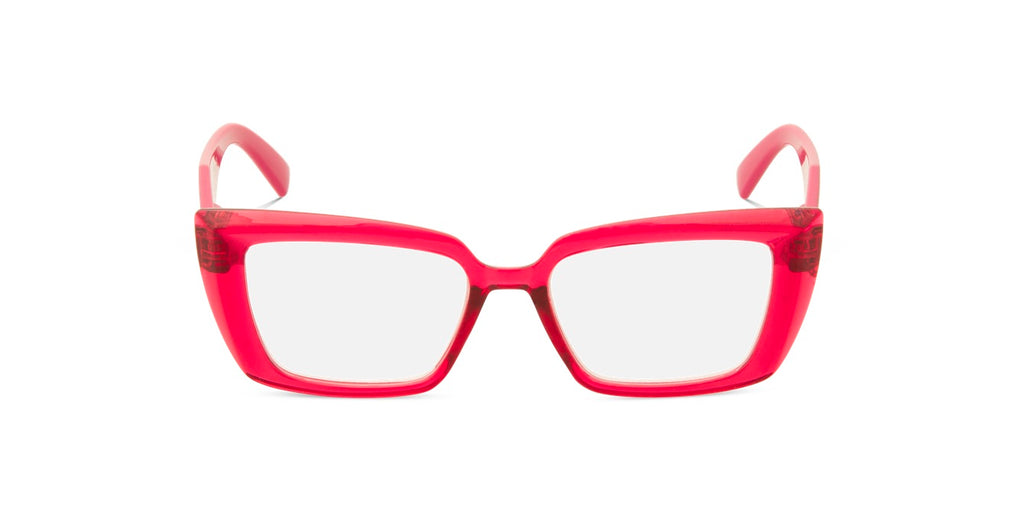 Bright pink translucent acetate cat-eye eyeglasses with clear lenses, shown against a plain white background.