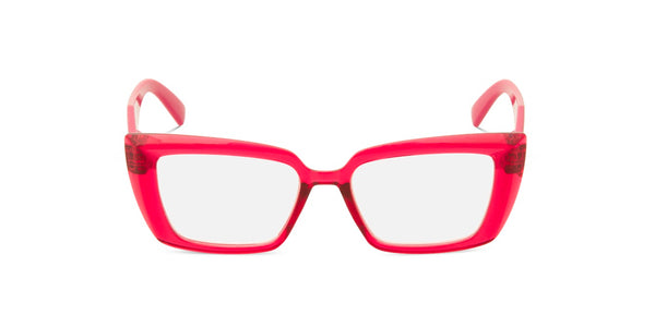Bright pink translucent acetate cat-eye eyeglasses with clear lenses, shown against a plain white background.