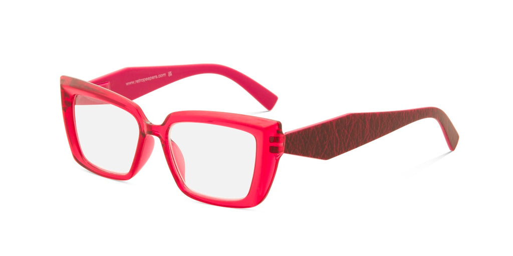 Red acetate square eyeglasses with a textured dark brown pattern on the temples, shown on a solid white background.
