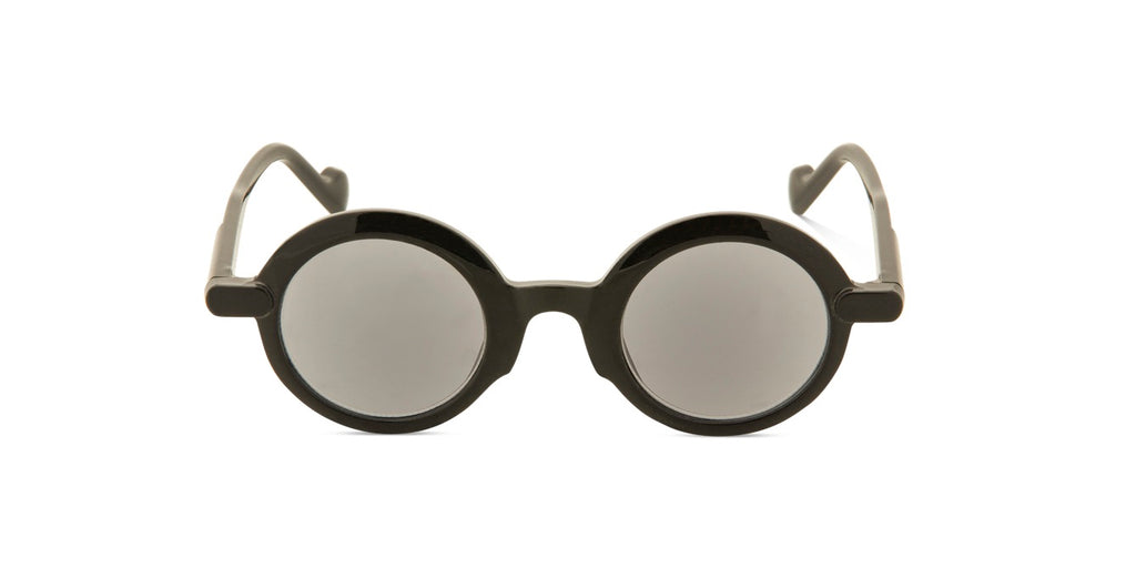 Oval sunglasses with a thick black frame and light gray lenses, shown from the front on a plain white background.