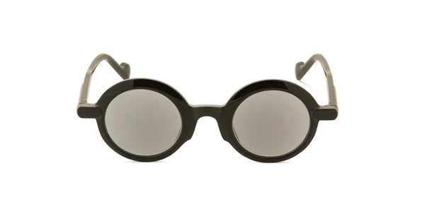 Oval sunglasses with a thick black frame and light gray lenses, shown from the front on a plain white background.