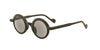 Round sunglasses with a dark olive green frame and gray tinted lenses, shown on a plain white background.