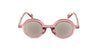 Oversized round sunglasses with translucent pink frames and light gray lenses, shown from the front on a white background.