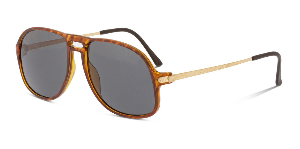 Sunglasses with tortoiseshell frame and dark lenses on a white background