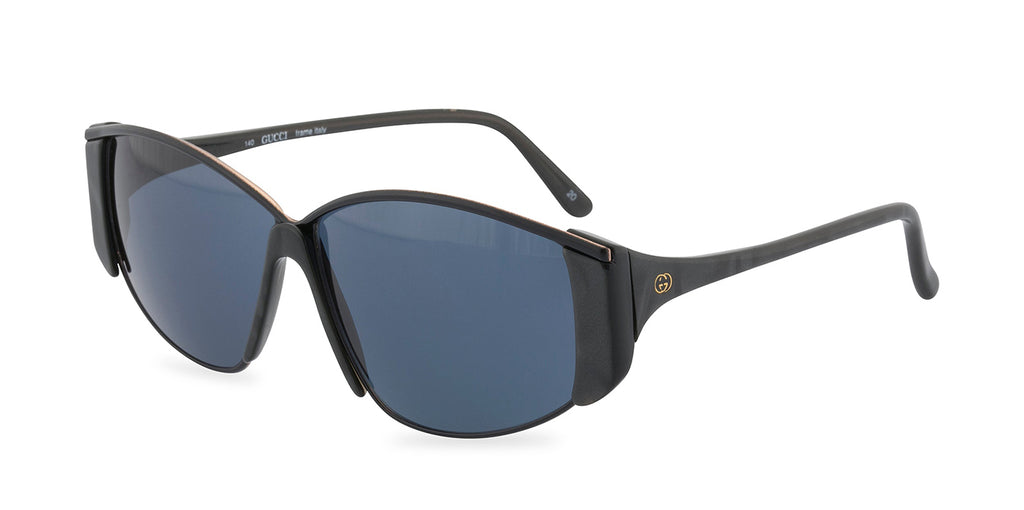 Gucci black sunglasses with blue lenses on a white background