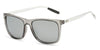 Sunglasses with a clear frame and dark lenses on a white background