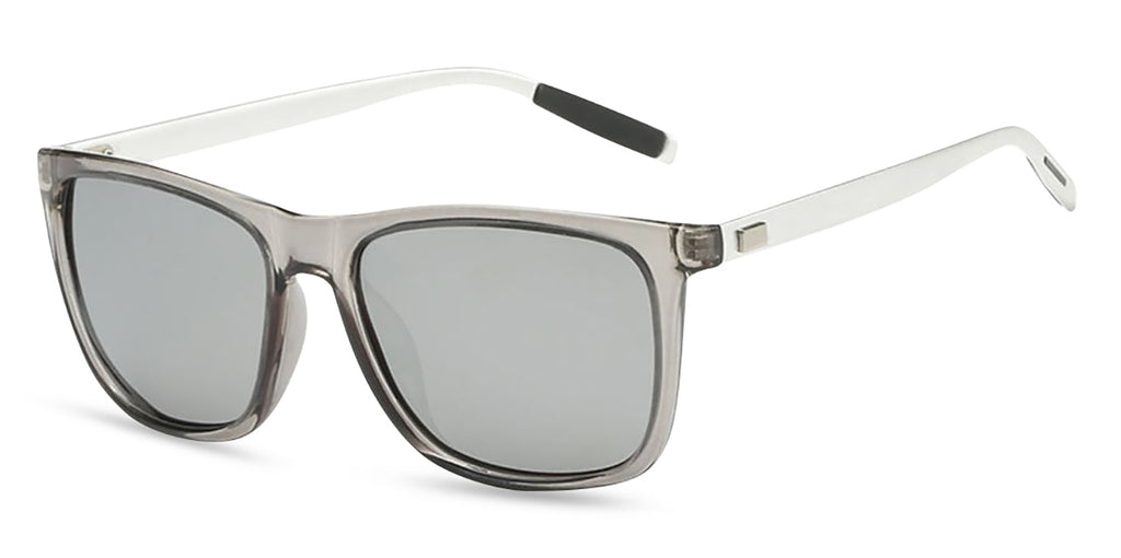 Sunglasses with a clear frame and dark lenses on a white background