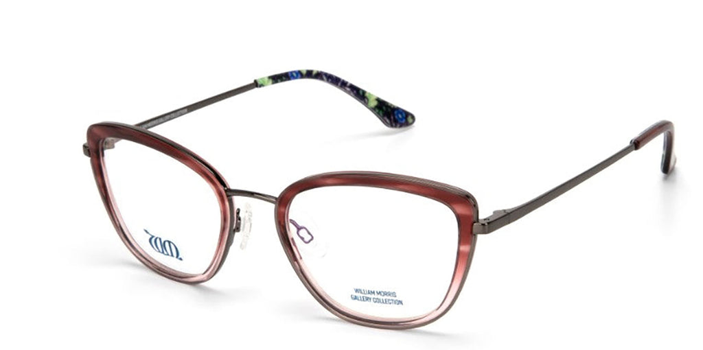 Seaweed cat eye frames in rose colour from the William Morris Gallery Collection, side view