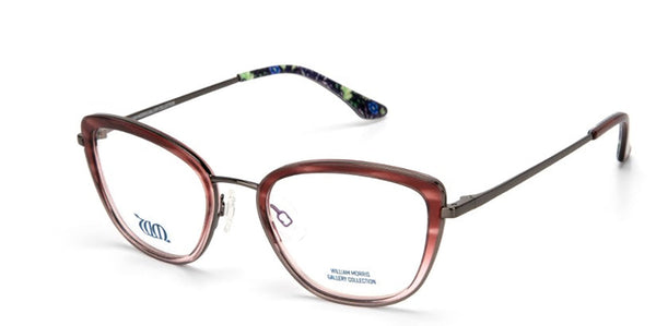 Seaweed cat eye frames in rose colour from the William Morris Gallery Collection, side view