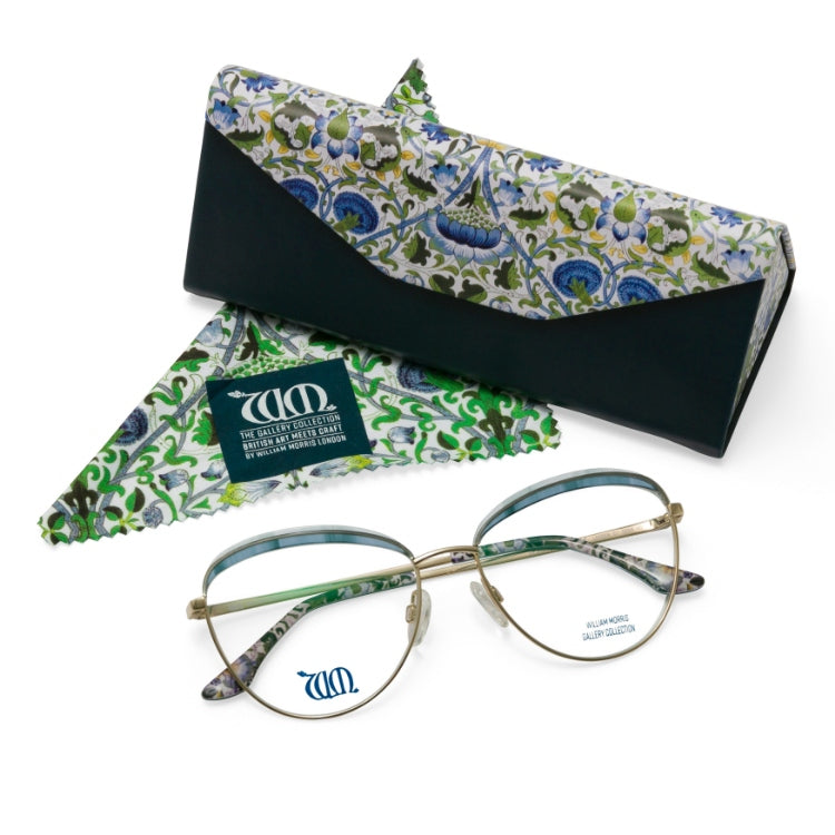 Lodden round glasses  in blue with matching case and cloth from the William Morris Gallery Collection