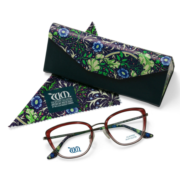 The Seaweed cat eye frame in rose with matching case and cloth from the William Morris Gallery Collection