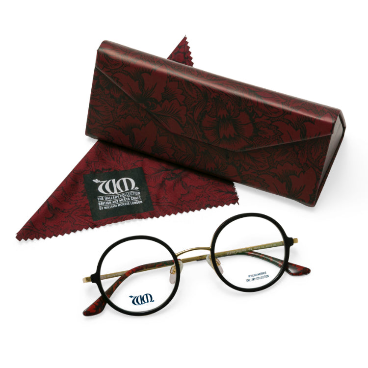 Poppy round frames in black with matching case and cloth from the William Morris Gallery Collection